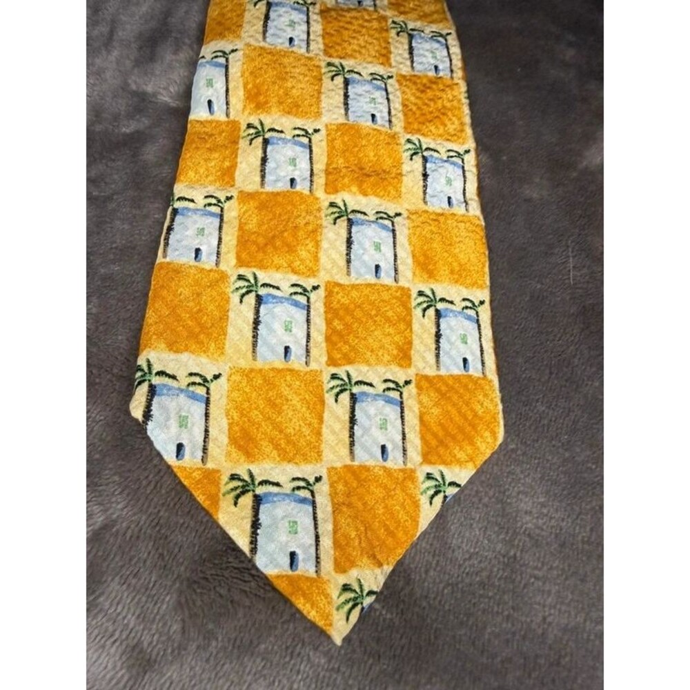 VTG Jos A Bank Premier Silk Tie Made USA Gold Resort Palm Tree Preppy Mens